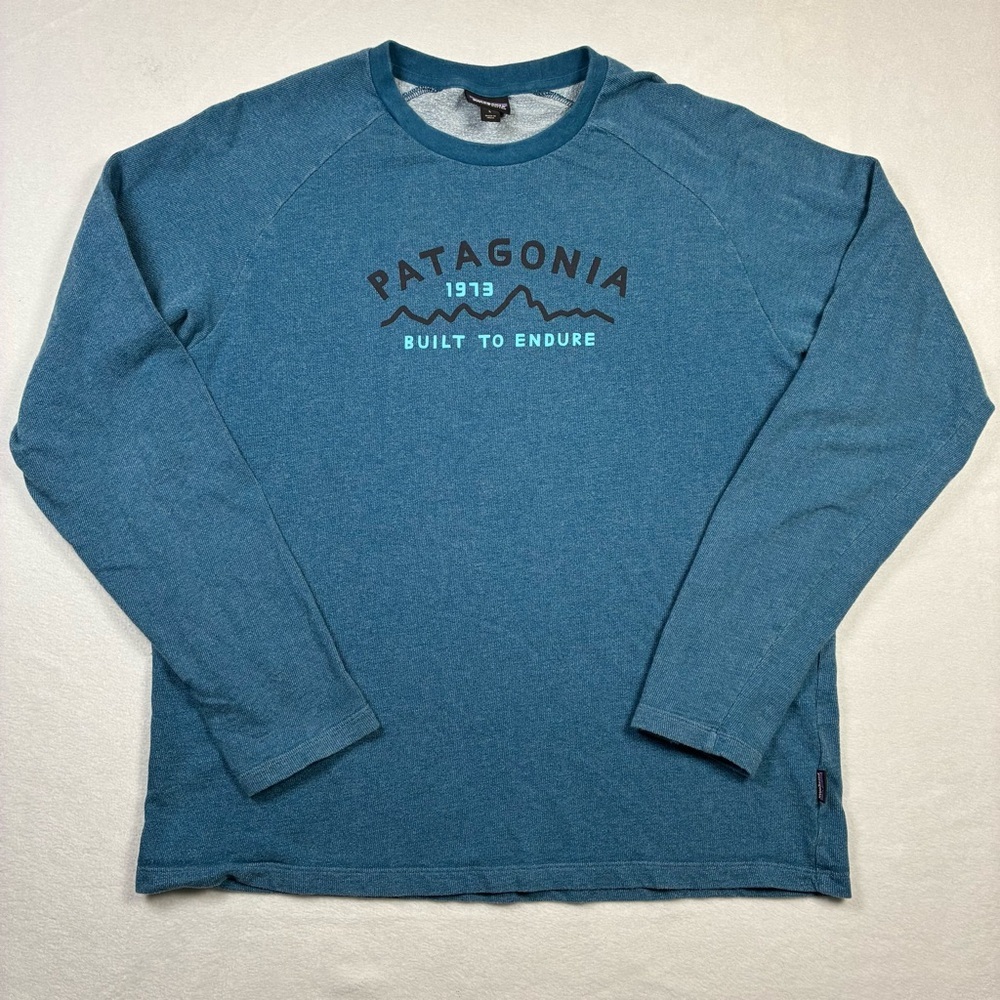 Patagonia Mens “Built to Endure” Blue Organic Cotton Crew Neck Shirt Large